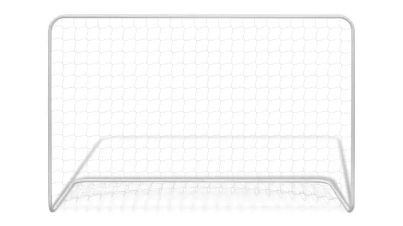White steel soccer goal with a hexagonal‑pattern net, displayed from a front angle White steel soccer goal with a hexagonal‑pattern net, displayed from a front angle