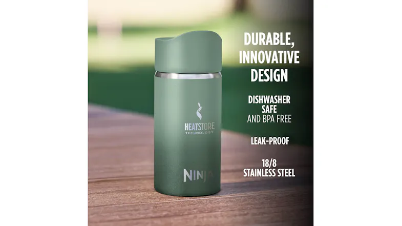 Ninja HeatStore travel bottle on a wooden table, highlighting durable, innovative design Ninja HeatStore travel bottle on a wooden table, highlighting durable, innovative design