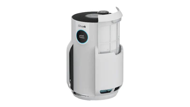 Shark air purifier with the side panel open, revealing the internal filter compartment Shark air purifier with the side panel open, revealing the internal filter compartment