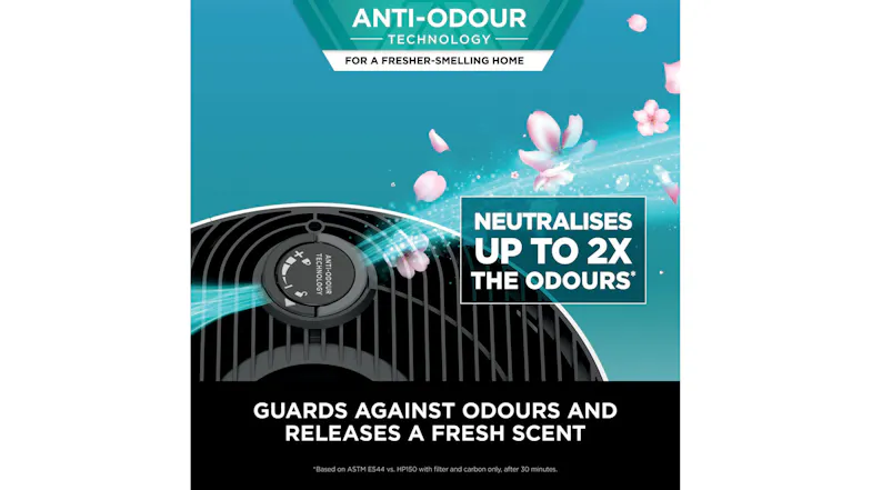Top view of an air purifier releasing scented airflow, highlighting anti-odour technology Top view of an air purifier releasing scented airflow, highlighting anti-odour technology