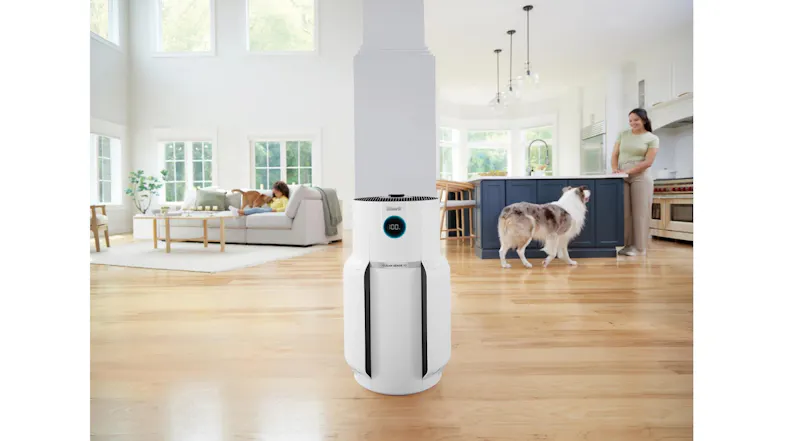 The Shark air purifier is centred in an open‑plan living space, demonstrating whole‑room air purification The Shark air purifier is centred in an open‑plan living space, demonstrating whole‑room air purification
