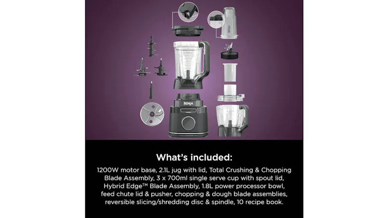 Expanded view of the Ninja blender system showing the base, pitcher, food processor, cups, blades, and accessories Expanded view of the Ninja blender system showing the base, pitcher, food processor, cups, blades, and accessories