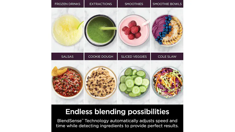 Grid of blended foods and prep results showing drinks, smoothies, salsas, dough, vegetables, and coleslaw Grid of blended foods and prep results showing drinks, smoothies, salsas, dough, vegetables, and coleslaw
