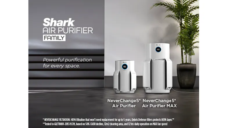 Shark air purifier family lineup showing standard and Max models in a modern interior Shark air purifier family lineup showing standard and Max models in a modern interior