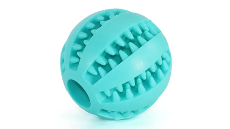 A textured cyan rubber ball with raised ridges and a hole A textured cyan rubber ball with raised ridges and a hole