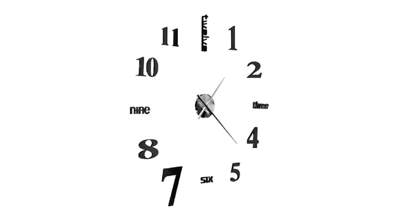 Angled view of the black NNEVL 100cm floating wall clock with reflective numbers and long hands Angled view of the black NNEVL 100cm floating wall clock with reflective numbers and long hands
