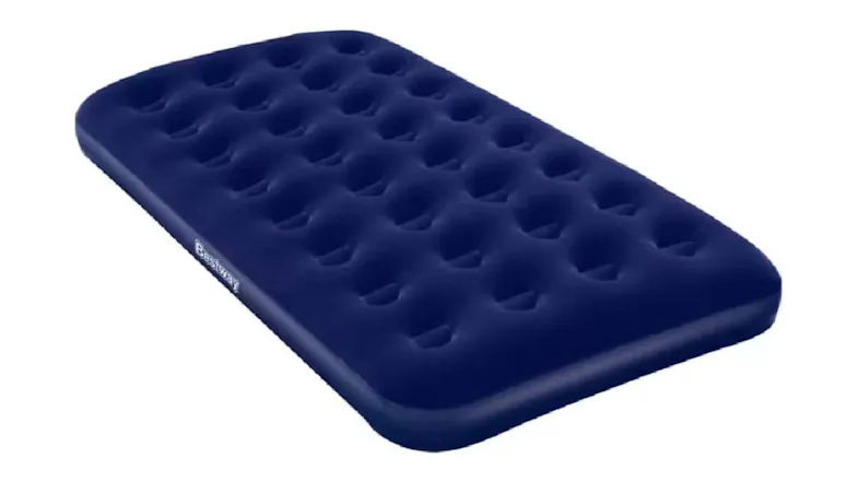 Angled view of the NNEVL Bestway Inflatable Single Flocked Airbed in navy blue Angled view of the NNEVL Bestway Inflatable Single Flocked Airbed in navy blue