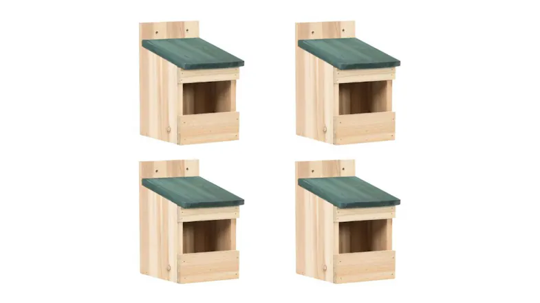Four identical wooden bird houses with slanted green roofs arranged in a 2×2 grid Four identical wooden bird houses with slanted green roofs arranged in a 2×2 grid