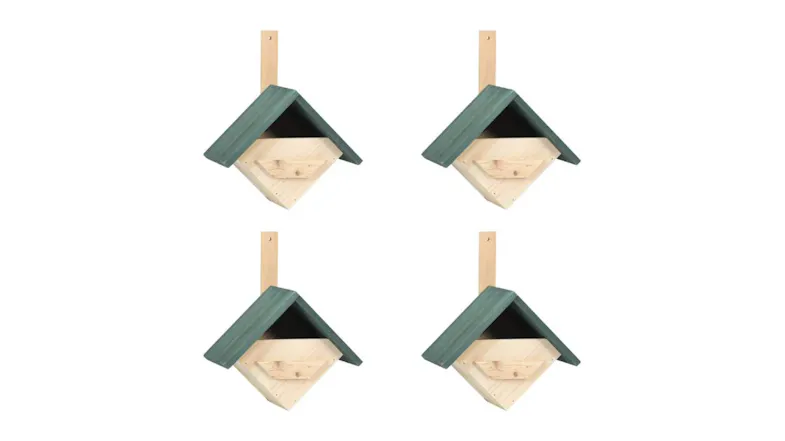 Four identical NNEVL wooden birdhouses with green roofs, arranged in a two-by-two grid Four identical NNEVL wooden birdhouses with green roofs, arranged in a two-by-two grid