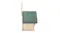 Side view of a wooden NNEVL birdhouse with a green roof and a vertical mounting slat Side view of a wooden NNEVL birdhouse with a green roof and a vertical mounting slat