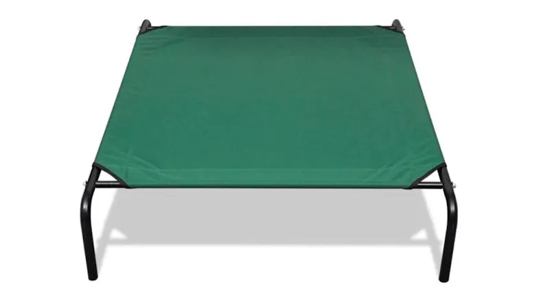 A front view of the green elevated pet bed with a sturdy black steel frame and taut fabric surface A front view of the green elevated pet bed with a sturdy black steel frame and taut fabric surface