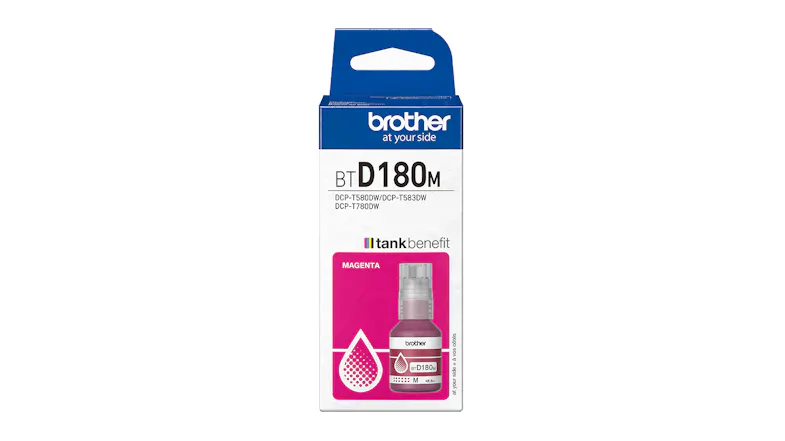 Retail packaging box for a Brother BTD180M magenta ink bottle with branding at the top Retail packaging box for a Brother BTD180M magenta ink bottle with branding at the top