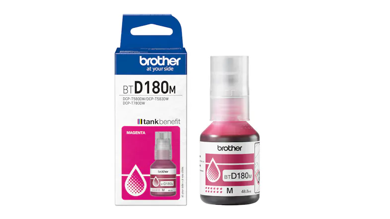 A Brother magenta ink bottle displayed next to its matching retail cardboard box A Brother magenta ink bottle displayed next to its matching retail cardboard box