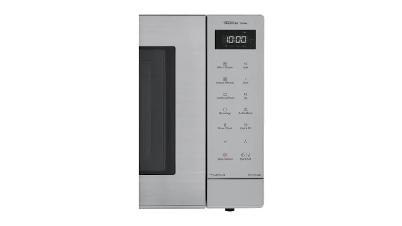 Close-up of the Panasonic microwave control panel with digital timer set to 10:00 Close-up of the Panasonic microwave control panel with digital timer set to 10:00