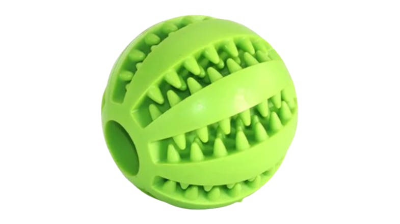 A textured green rubber ball with raised ridges and a hole A textured green rubber ball with raised ridges and a hole