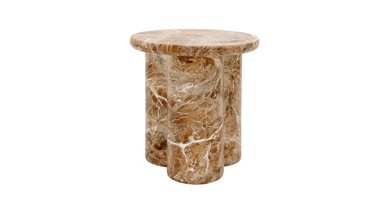 A round brown marble side table with a thick top and three cylindrical legs. A round brown marble side table with a thick top and three cylindrical legs.