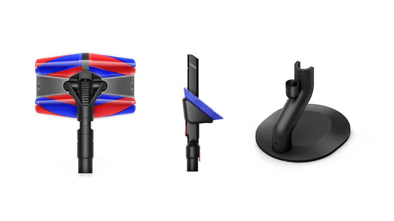 A close-up of the Fluffycones™ cleaner head, rotating combi-crevice tool, and floor dock. A close-up of the Fluffycones™ cleaner head, rotating combi-crevice tool, and floor dock.