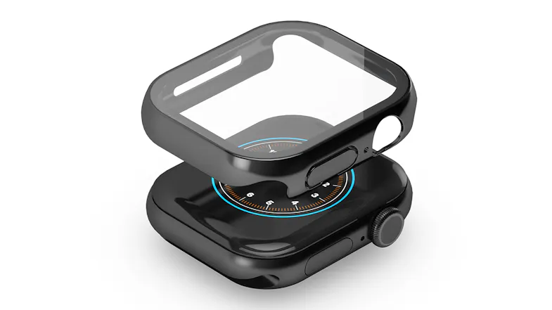 A view of the black Cygnett EdgeShield with Screen Protector above the Apple Watch case. A view of the black Cygnett EdgeShield with Screen Protector above the Apple Watch case.