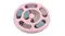 A light pink circular pet puzzle toy with several compartments for food. A light pink circular pet puzzle toy with several compartments for food.