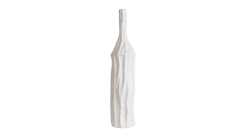 A white ceramic bottle vase with an irregular, textured ribbed surface A white ceramic bottle vase with an irregular, textured ribbed surface