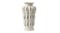 A light ceramic vase that features a pattern of stylised, vertical lines and dark brown dots A light ceramic vase that features a pattern of stylised, vertical lines and dark brown dots