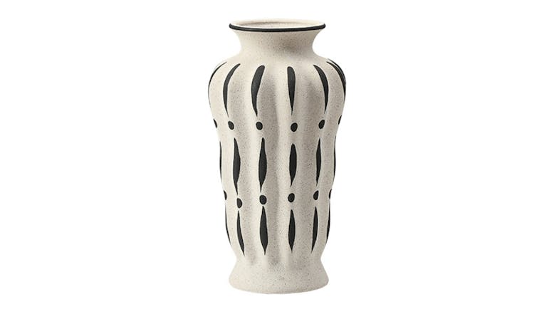 A light ceramic vase that features a pattern of stylised, vertical lines and dark brown dots A light ceramic vase that features a pattern of stylised, vertical lines and dark brown dots