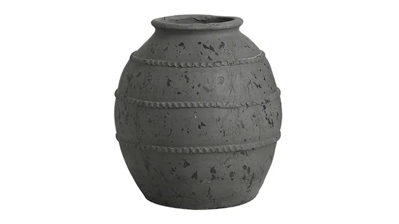 A black ceramic vase with a textured surface and a short neck with a wide opening A black ceramic vase with a textured surface and a short neck with a wide opening
