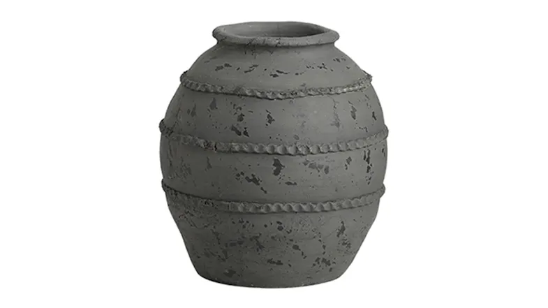 A black ceramic vase with a textured surface and a short neck with a wide opening A black ceramic vase with a textured surface and a short neck with a wide opening