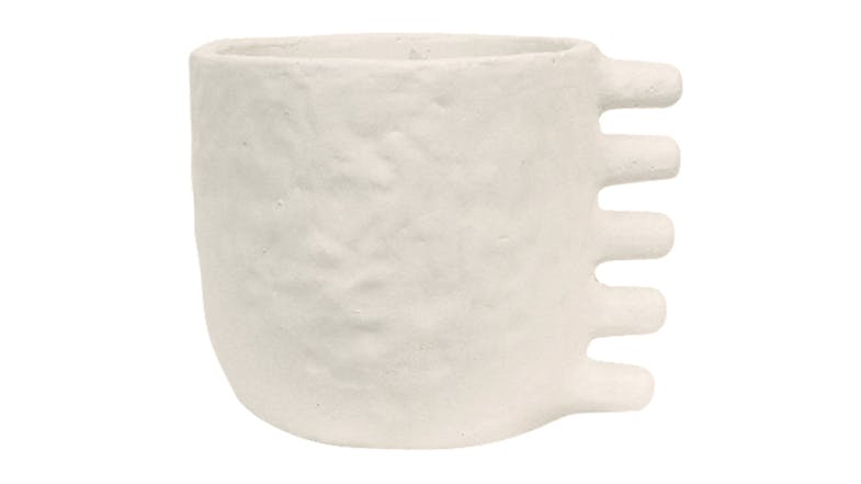 A white sculptural planter with a whimsical, finger-like extensions on one side A white sculptural planter with a whimsical, finger-like extensions on one side