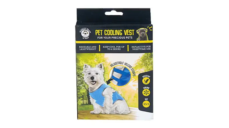 A box packaging of the Pet Cooling Vest. A box packaging of the Pet Cooling Vest.