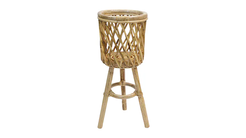 An elegant planter stand with a rattan design and sturdy three-legged base An elegant planter stand with a rattan design and sturdy three-legged base