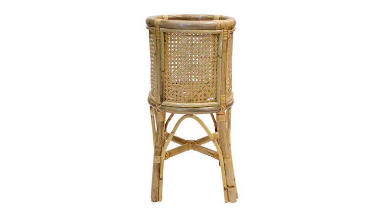 A bohemian-style floor planter stand with rattan materials and sturdy frame A bohemian-style floor planter stand with rattan materials and sturdy frame