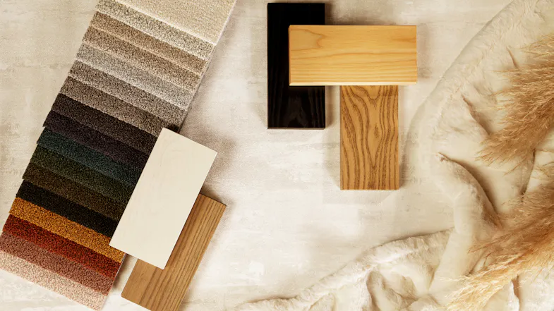 A flat lay of different fabrics and wood swatches, including samples that match the Omaha Queen Headboard. A flat lay of different fabrics and wood swatches, including samples that match the Omaha Queen Headboard.