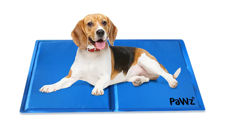 A dog lies on a blue cooling mat with "PaWz" printed in black at the bottom right corner. A dog lies on a blue cooling mat with "PaWz" printed in black at the bottom right corner.