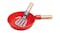 Red toy frying pan with a wooden handle, containing a grey plastic spatula with a wooden handle. Red toy frying pan with a wooden handle, containing a grey plastic spatula with a wooden handle.