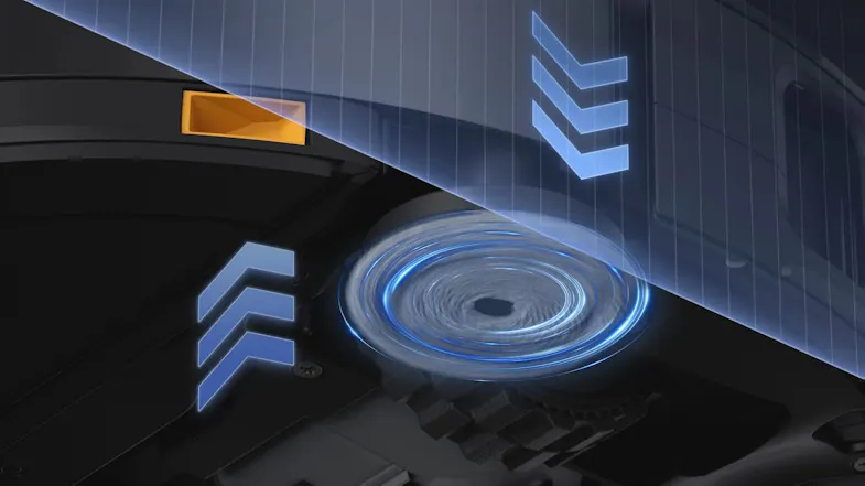 A view of an underside of a vacuum with two batches of arrows, one is pointing upwards while the other one is pointing downwards to suggest powerful rotations A view of an underside of a vacuum with two batches of arrows, one is pointing upwards while the other one is pointing downwards to suggest powerful rotations