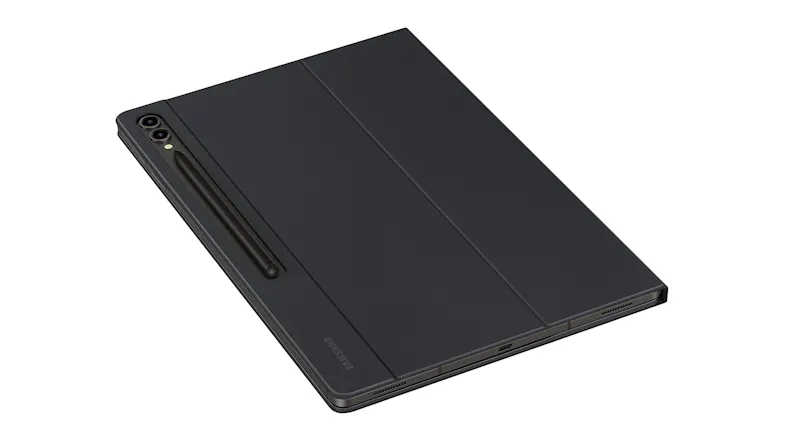 A slim keyboard case shown from the back with an attached S Pen shown from the back. A slim keyboard case shown from the back with an attached S Pen shown from the back.
