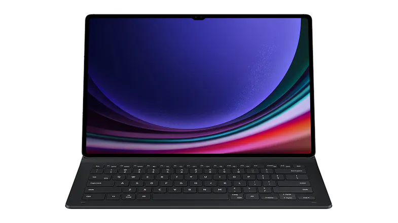 A full front view of the Tab S9 Ultra with an attached keyboard cover. A full front view of the Tab S9 Ultra with an attached keyboard cover.