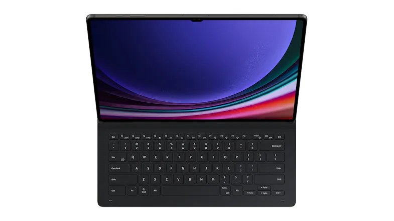 A top front view of the tablet attached to a case with a keyboard. A top front view of the tablet attached to a case with a keyboard.