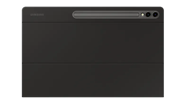 A horizontal view of the back of the slim case, showing the stylus holder with camera cutouts. A horizontal view of the back of the slim case, showing the stylus holder with camera cutouts.