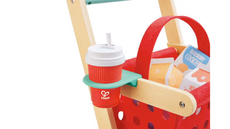 A close-up image of a red fabric basket and a green cup holder attached to the handle. A close-up image of a red fabric basket and a green cup holder attached to the handle.