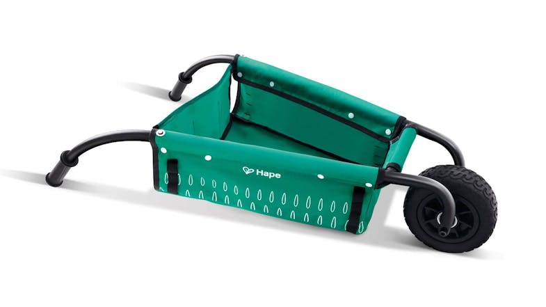 A close-up shot of Hape Little Gardener's First Wheelbarrow. A close-up shot of Hape Little Gardener's First Wheelbarrow.