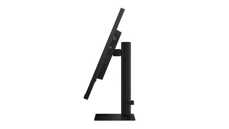 A side view of a monitor with its screen titled upward. A side view of a monitor with its screen titled upward.