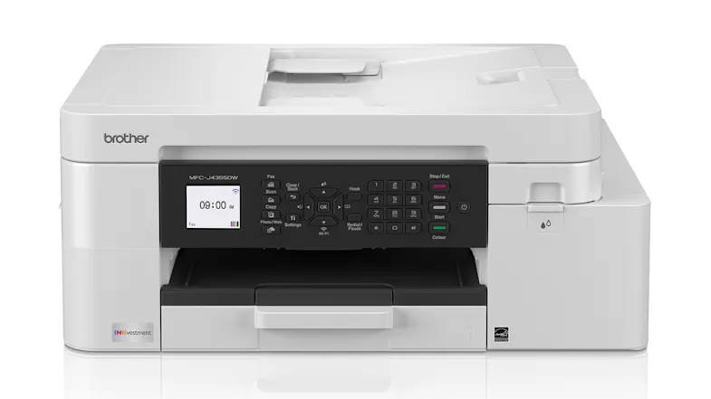 A front view of the grey Brother DCP-J4355DW Printer, showing its control panel. A front view of the grey Brother DCP-J4355DW Printer, showing its control panel.