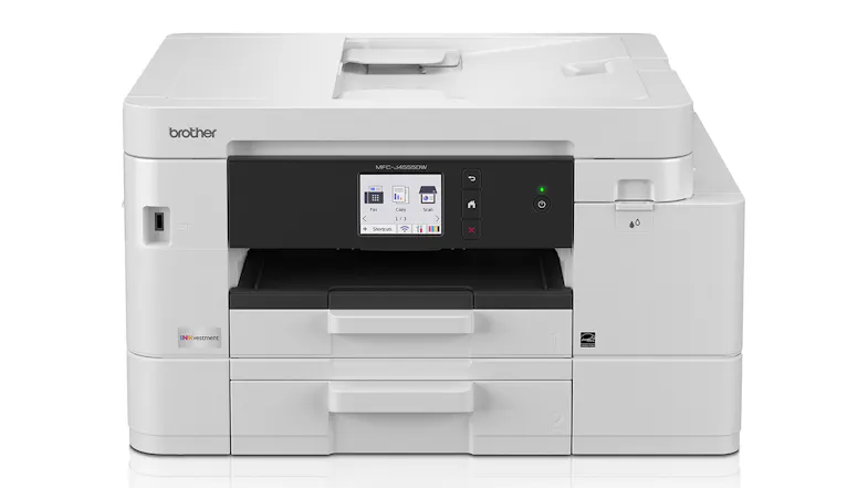 A front view of the Brother DCP-J4555DW A4 All-in-One Inkjet Printer, showing its paper tray and control panel. A front view of the Brother DCP-J4555DW A4 All-in-One Inkjet Printer, showing its paper tray and control panel.
