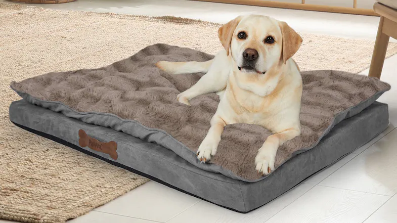 The bed rests on the floor beside a wooden piece of furniture. The bed rests on the floor beside a wooden piece of furniture.