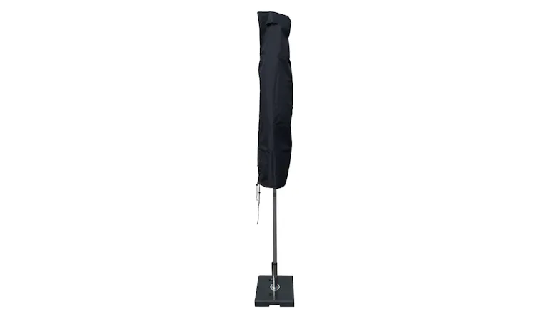 A black centre pole outdoor umbrella with a medium cover on a stand. A black centre pole outdoor umbrella with a medium cover on a stand.