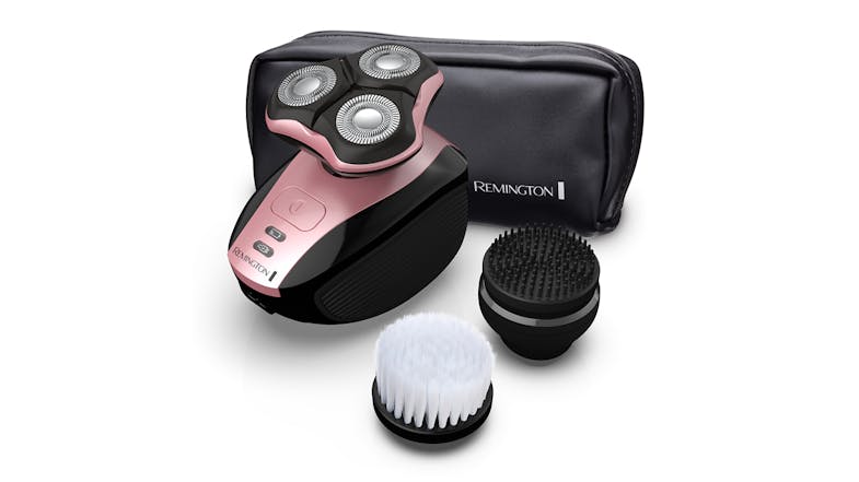 Remington women's shaver, massaging brush, exfoliating brush, and storage pouch. Remington women's shaver, massaging brush, exfoliating brush, and storage pouch.