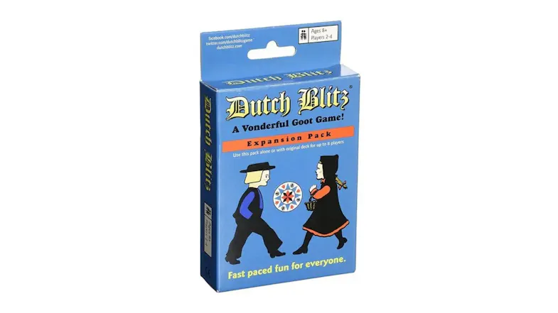 A blue box for Dutch Blitz: Expansion Pack with cartoon characters A blue box for Dutch Blitz: Expansion Pack with cartoon characters