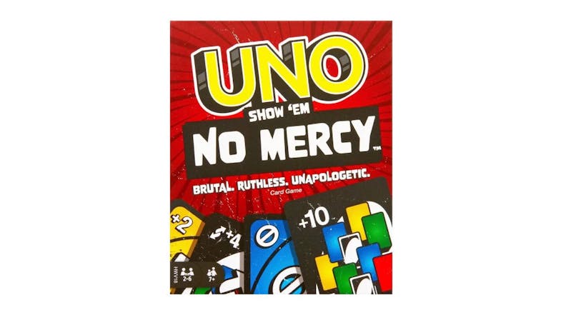A box of "UNO Show 'Em No Mercy". A box of "UNO Show 'Em No Mercy".